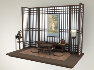 新中式家具屏风茶桌椅C4D模型