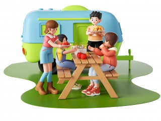 卡通家庭露营野餐野炊露营车欢聚C4D模型