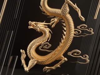 黑金背景立体黄金雕塑腾飞云龙过年龙年立体龙抬头中国龙形象海报封面C4D模型