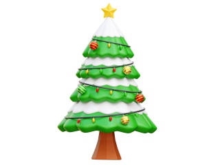 卡通圣诞节圣诞树松树雪花星星小彩灯装饰圣诞树C4D模型
