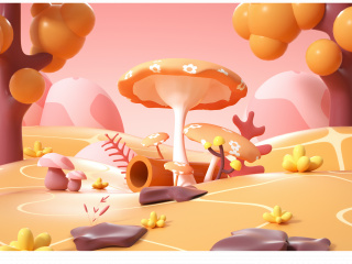 秋季可爱风粉色蘑菇横版海报背景场景C4D模型