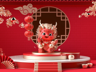 2024新年春节卡通龙礼盒展台红色中国风场景背景C4D模型
