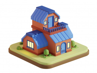 卡通游戏动漫图标两层小别墅蓝房子房屋场景C4D模型