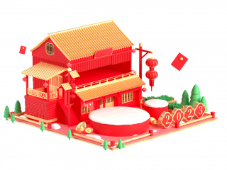 国潮春节中式建筑电商模型素材C4D模型