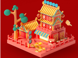 国潮春节卡通中式建筑电商模型素材c4d模型下载