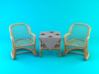 藤编桌椅组合C4D模型