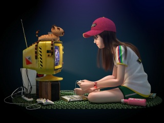 打游戏机的小女孩C4D模型