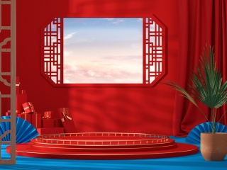 中国风新年电商海报背景C4D模型