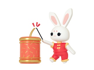 插画素材兔年春节放炮小兔C4D模型