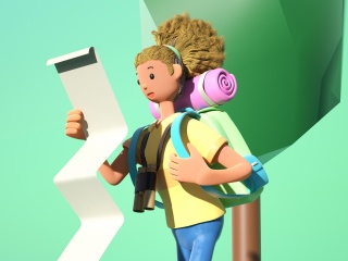 登山踏青人物绿色3D卡通形象C4D背景C4D模型