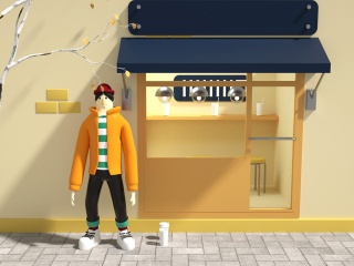 秋季卡通ip男人咖啡店街景C4D创意场景C4D模型