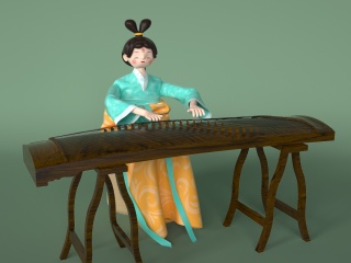 古典中式卡通风格仕女弹古筝主题C4D模型
