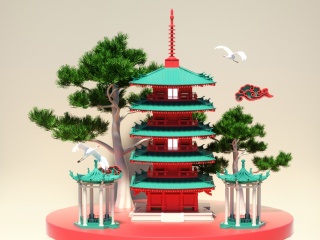 卡通建筑塔寺庙C4D模型
