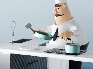 炒菜做饭的大胡子胖厨师卡通动漫角色C4D模型