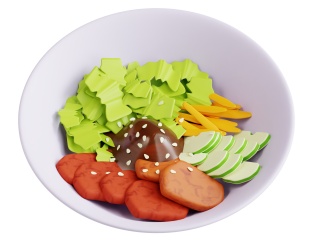 卡通西式韩餐美食韩式烤肉拌饭蔬菜沙拉C4D模型