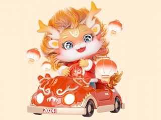 立体龙年龙宝宝汽车贺岁3d插画过年喜庆红色可爱C4D模型
