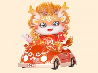 2024立体龙年龙宝宝汽车贺岁3d插画过年喜庆红色可爱C4D模型