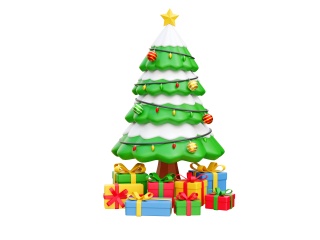 卡通圣诞节圣诞树豪华雪花礼物承兑星星小彩灯装饰齐全圣诞树C4D模型