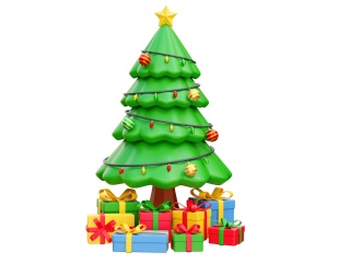 卡通圣诞节圣诞树松树礼物小彩灯圣诞树C4D模型