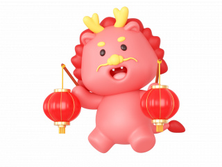 卡通2024龙年3D立体春节新年小龙人物过年形象粉色大红灯笼C4D模型