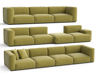 大户型复古简约多人休闲布艺沙发组合可变形墨绿色C4D模型