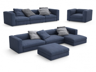 大户型复古简约多人休闲布艺沙发可组合墨蓝色C4D模型