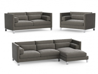 大户型复古简约多人休闲布艺沙发可组合灰粽色C4D模型