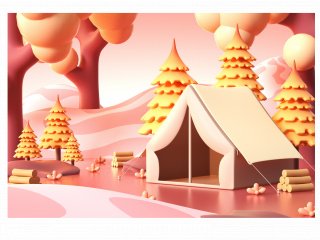 秋季可爱风粉色露营海报背景C4D模型