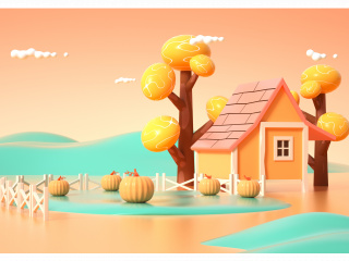 秋季温暖秋天树木横版海报背景场景C4D模型
