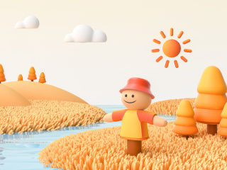 秋季温暖可爱卡通风稻草人海报背景C4D模型