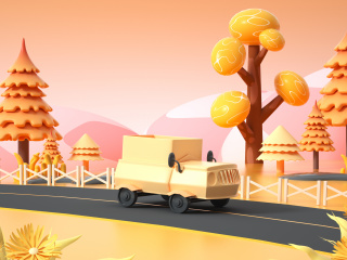 秋季道路汽车可爱卡通风海报背景场景C4D模型