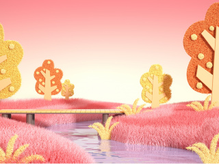 秋季户外森林粉色可爱小桥卡通风海报背景场景C4D模型