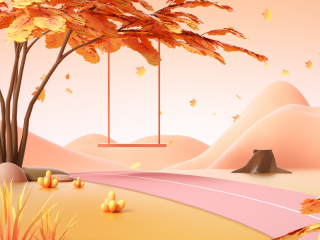 秋季户外森林可爱卡通风秋千海报背景场景C4D模型