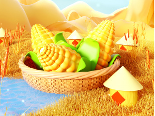 秋季丰收农作物玉米小麦竖版海报背景场景C4D模型