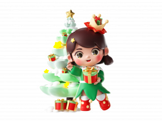 圣诞卡通可爱小女孩人物圣诞节圣诞树C4D模型