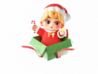 圣诞卡通可爱小男孩人物圣诞节礼物箱C4D模型