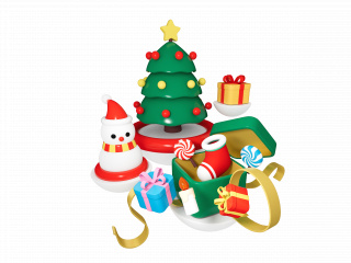 卡通圣诞节场景搭配元素圣诞树雪人礼物盒C4D模型