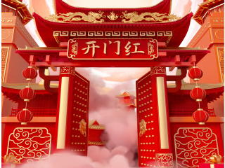 2024龙年春节新年红金中国风开门红大门立体竖版海报场景C4D模型