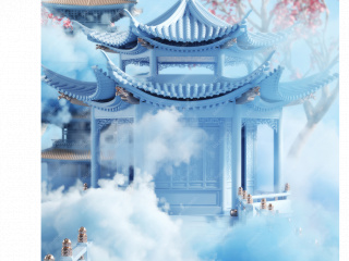 蓝色唯美中式烟雾建筑梦幻中国风亭台楼阁背景C4D模型