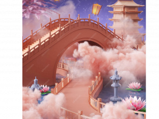 七夕节c4d烟雾鹊桥唯美创意场景粉色3D七夕建筑中国风中式C4D模型