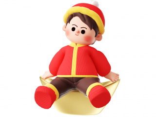 新年春节卡通喜庆小男孩人物坐元宝形象C4D模型