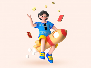 卡通立体电商促销人物小男孩模型型骑火箭插画C4D模型