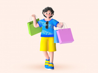 卡通立体电商促销人物小男孩模型拿购物袋插画C4D模型