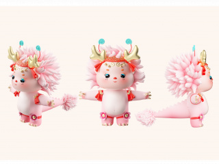 立体龙年吉祥物小龙人卡通龙宝宝粉色小女孩形象C4D模型