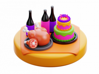 卡通节日庆祝图标丰盛晚餐蛋糕烤鸡C4D模型