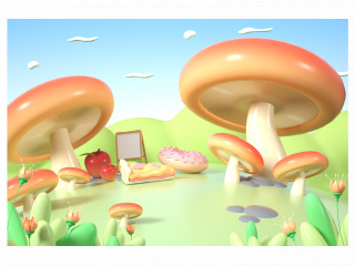 立体春季蘑菇甜点场景C4D模型