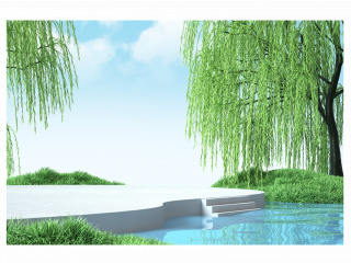 立体春季水面柳树场景C4D模型