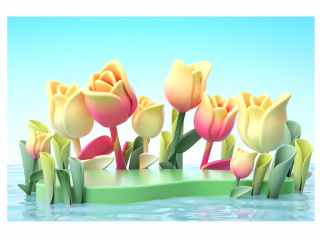 立体夏季水面花朵场景C4D模型