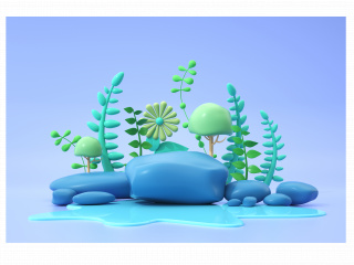 立体夏季植物石头场景C4D模型