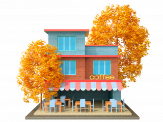 立体建筑咖啡厅树木C4D模型